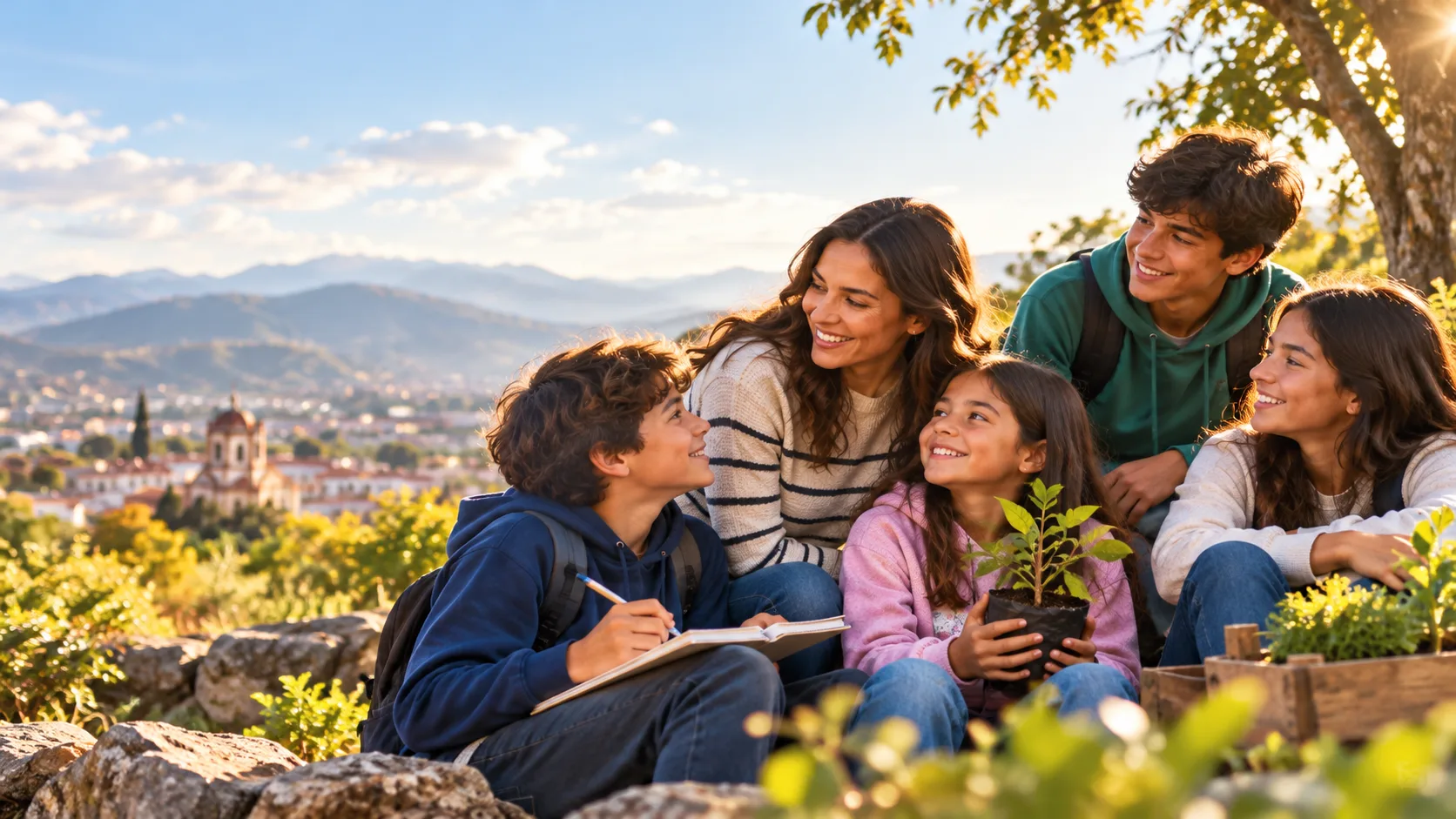 Imagen conceptual generada con IA: una familia participa en una actividad de aprendizaje y cultivo