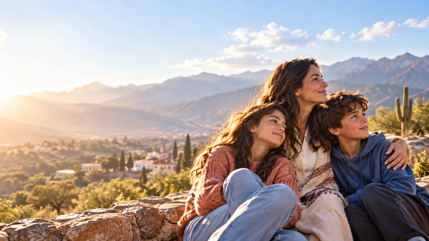 Imagen conceptual generada con inteligencia artificial: una referente familiar con dos adolescentes observan un paisaje abierto